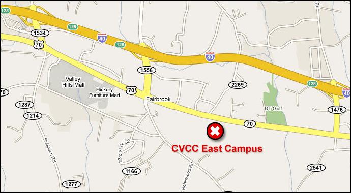 CVCC East Campus Map with a white x in a red circle locating the east campus