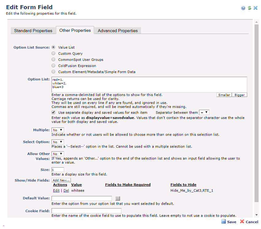 Edit Form Fields -- Other Properties Tab